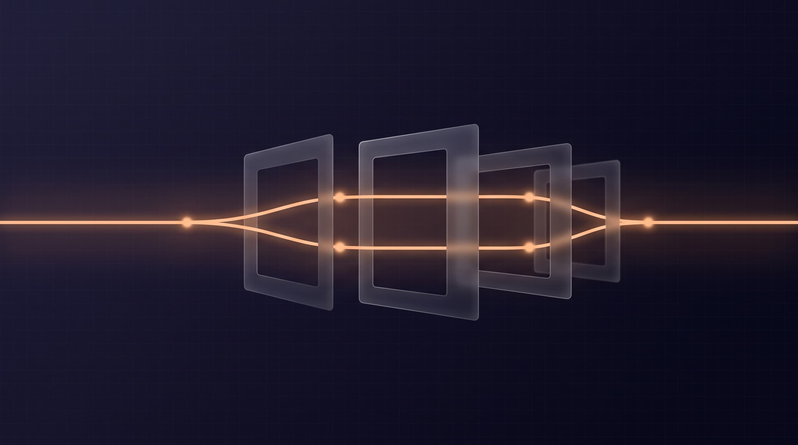 Abstrakte Illustration: ein oranger Signalfluss verzweigt sich durch transluzente Prozess-Gates und läuft wieder zusammen