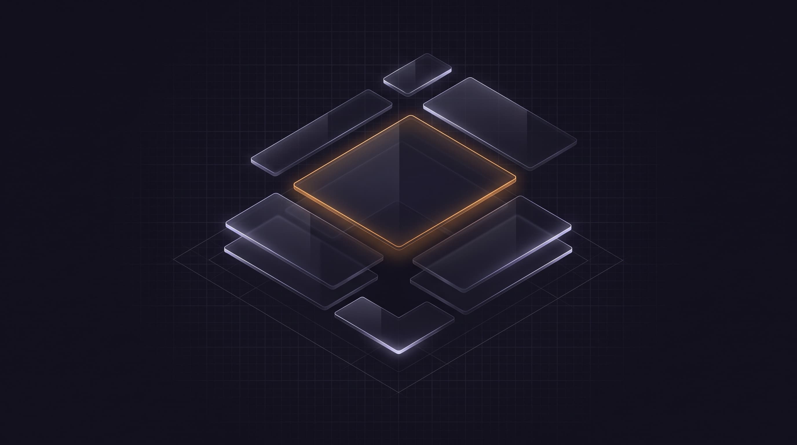 Abstrakte Illustration: transluzente Interface-Ebenen als Bausteine, eine Ebene orange umrandet