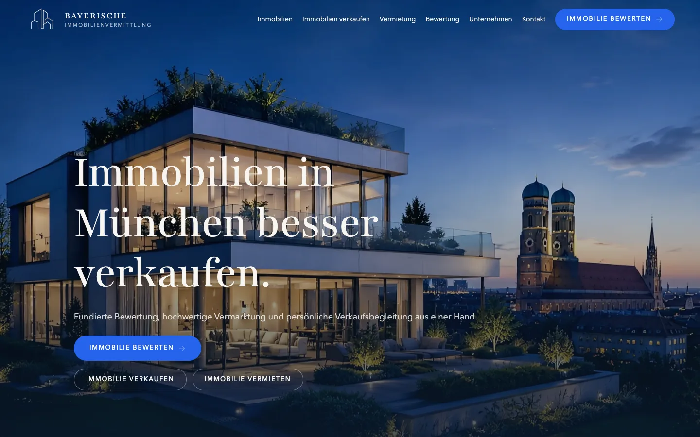 Startseite der Bayerischen Immobilienvermittlung mit Hero-Bild und Bewertungs-CTA