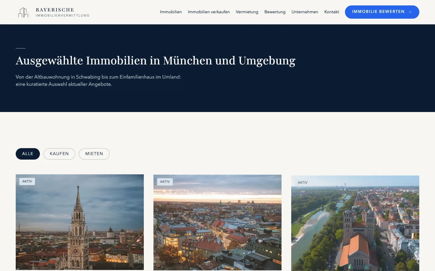 Immobilienliste der Bayerischen Immobilienvermittlung mit Filtern nach Kaufen und Mieten sowie Statuskennzeichnung